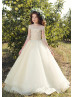 Elbow Sleeves Cream Lace Organza Floor Length Flower Girl Dress